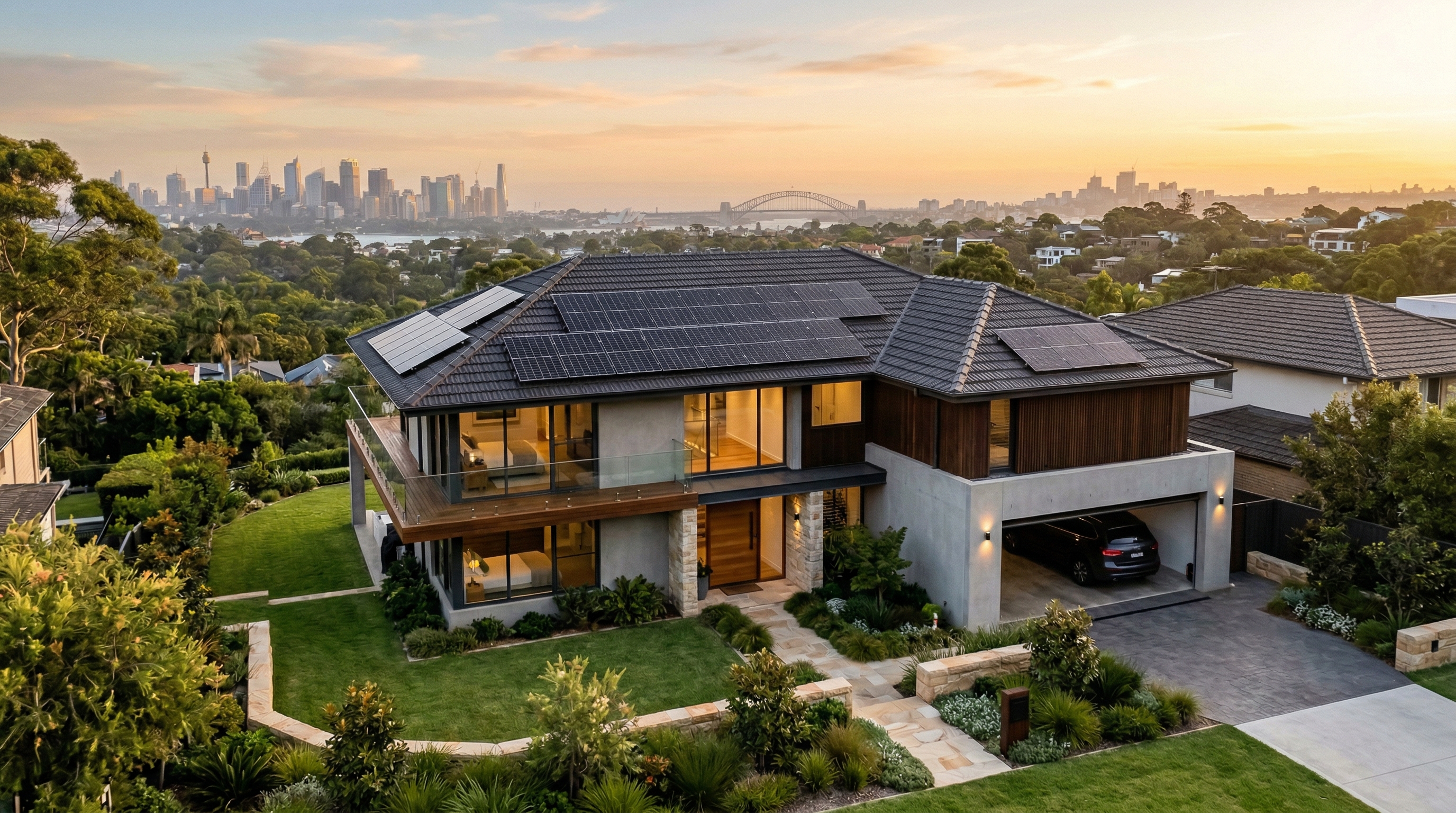 Solar panels on a Sydney home roof during golden hour